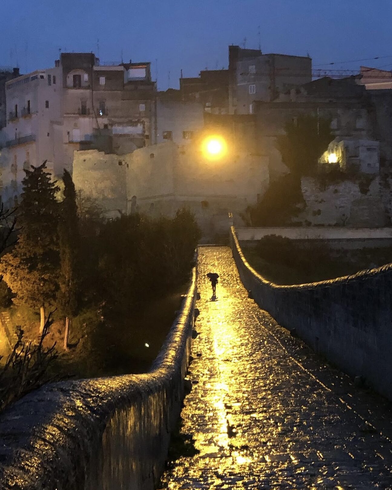 Il ponte di Gravina di sera, con la pietra bagnata dalla pioggia